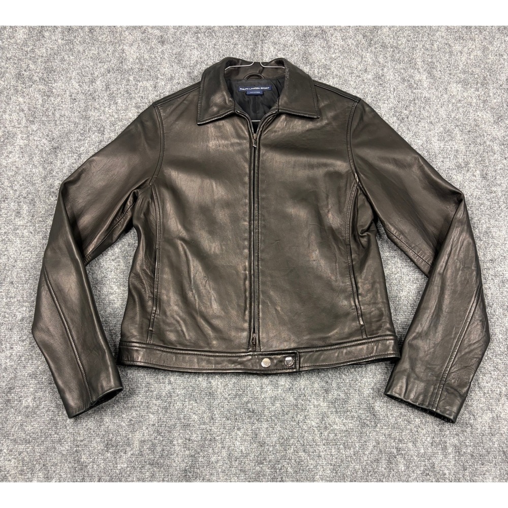 Ralph Lauren Sport Womens Black Leather Full Zip Jacket Pointed Collar Size M